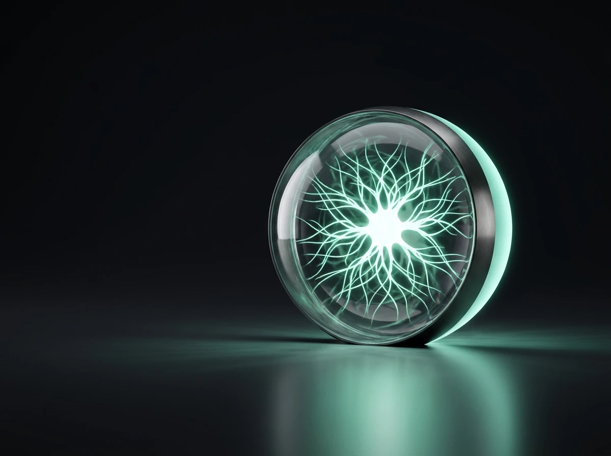 Glass sphere holding glowing green filaments