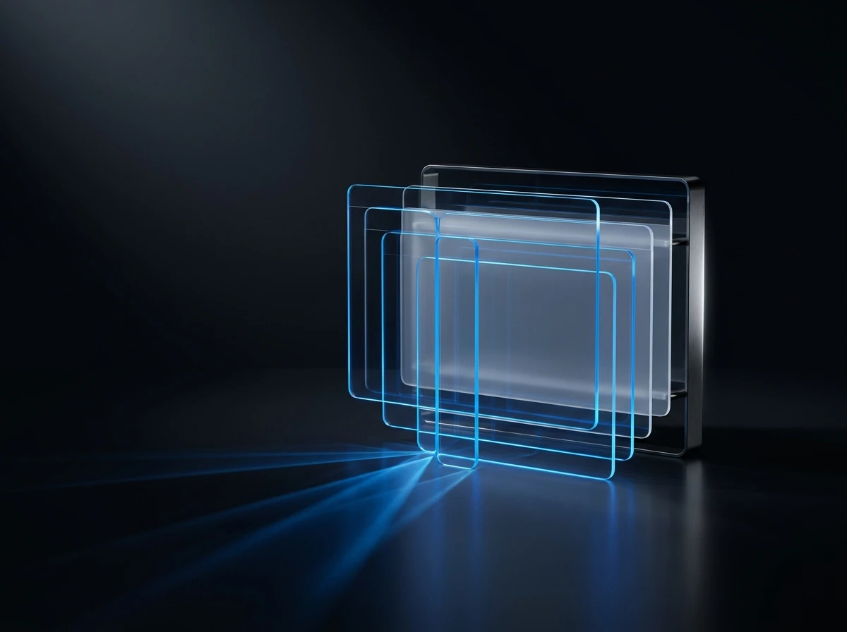 Layered glass panes lit in blue